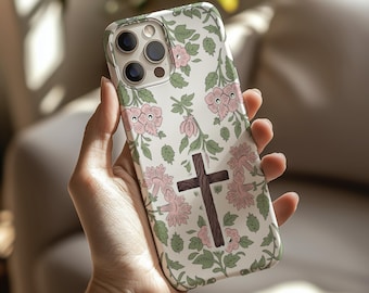 Cross & Vintage Flower MagSafe phone case, iPhone 17 16 15 14 13 Pro Max Plus, Religious Gift, Christian Phone Case