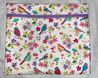 Project Bag for Cross Stitch or Embroidery  Large 13x11 Zipper Bag, Bird and Floral Print