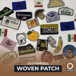 May include: A collection of various customized woven patches with diverse designs, including a mushroom, a smiling orange, a dinosaur in a floatie, and text that says "CUSTOMIZED WOVEN PATCH".