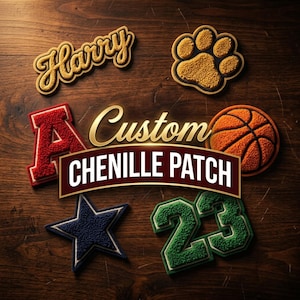 May include: A collection of custom chenille patches including the name Harry in gold, a gold paw print, a red letter A, an orange basketball, a navy blue star, and the green number 23. The text Custom CHENILLE PATCH is centered in the middle.