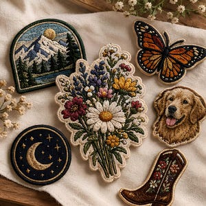 Może przedstawiać: Kolekcja sześciu haftowanych naszywek przedstawiających górski krajobraz, bukiet polnych kwiatów, motyla monarchy, pysk psa rasy golden retriever, półksiężyc z gwiazdami oraz brązowy kowbojski but z kwiatowym haftem.
