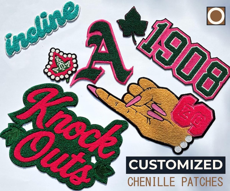 May include: A collection of chenille patches in various designs and colors. The patches include the word "incline" in teal, the letter "A" in green and pink, the number "1908" in green and pink, and the words "Knock Outs" in red and green. The image also includes a hand patch.