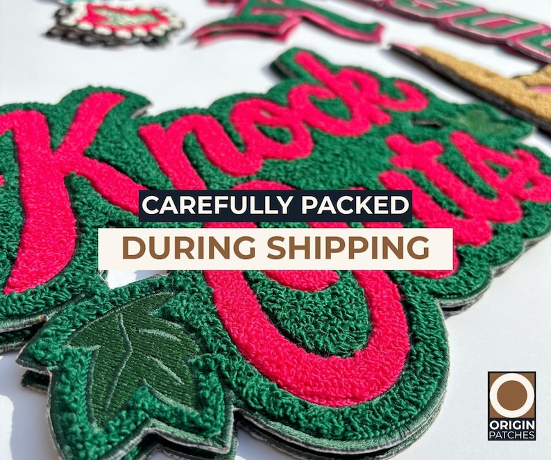 May include: Close-up of several embroidered patches with a green and red color scheme. The patches feature the word "Knockouts" in red, with a green textured background. The text "CAREFULLY PACKED DURING SHIPPING" is also visible.