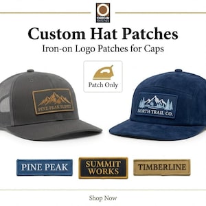 May include: Custom iron-on hat patches featuring rectangular designs with mountain and forest graphics. Text includes Origin Patches, Pine Peak Supply, North Trail Co., Pine Peak, Summit Works, and Timberline. Two caps are shown with patches applied.