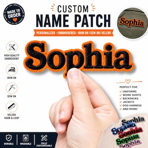 Può includere: Toppa con nome ricamata personalizzata in lettere nere con bordo arancione, che scrive "Sophia". La toppa è termoadesiva, da cucire o con velcro. L'immagine mostra anche la toppa su una giacca e una varietà di opzioni di colore.