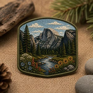 Puede incluir: Un parche bordado rectangular con esquinas redondeadas que presenta un paisaje detallado de un pico de montaña de granito, un río, densos bosques de coníferas y flores silvestres bajo un cielo azul con nubes blancas.