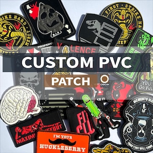 May include: A collection of custom PVC patches in various shapes and designs. Patches include a skull, a dinosaur, a brain, and text that reads "CUSTOM PVC PATCH". The patches are in various colors, including black, red, green, and orange.