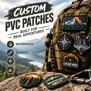 Könnte beinhalten: Individuelle PVC-Aufnäher mit Outdoor-Motiven wie Bergen, einem Kompass, einem Wolf und Wäldern. Der Text lautet CUSTOM PVC PATCHES, BUILT FOR REAL ADVENTURES, WATERPROOF, DURABLE, UV RESISTANT, WEATHER RESISTANT, EXPLORE MORE und ADVENTURE AWAITS.