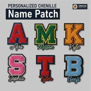 May include: A collection of personalized chenille name patches. Each patch features a letter in a varsity style, with names embroidered below. The letters are in various colors, including red, green, orange, pink, red, and blue, with contrasting borders.