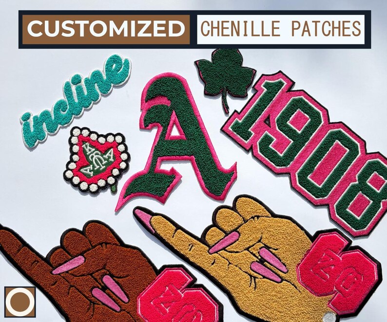 May include: A collection of customized chenille patches in various designs and colors. The patches include the word "incline" in teal, a red and white patch with a green emblem, a green and pink letter "A", a green shamrock, and a pink and green "1908" patch.