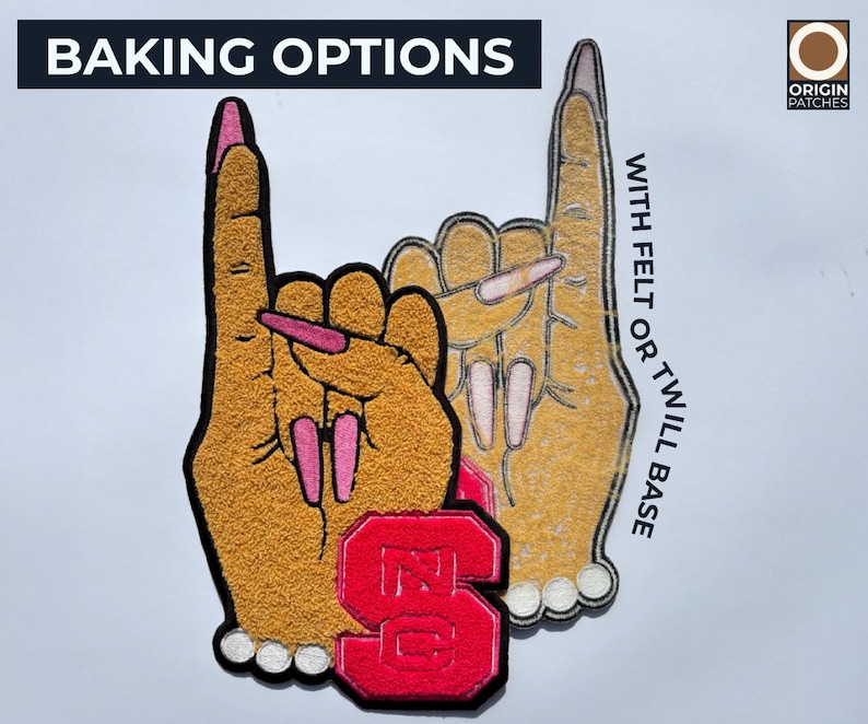May include: Embroidered patch featuring two hands in a gesture, with long pink fingernails. The patch includes the text "BAKING OPTIONS" and "WITH FELT OR TWILL BASE". A red "NC" logo is also present.