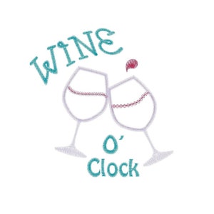 May include: Two wine glasses clinking together with the text "Wine O'Clock" in teal blue.