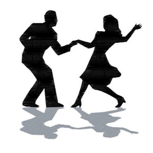 Puede incluir: Silueta de una pareja bailando, el hombre con traje y la mujer con vestido, sobre un fondo blanco.