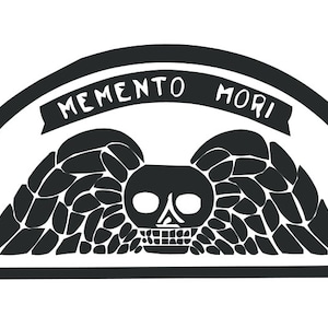 May include: Black and white graphic design of a skull with wings. The skull has two eye sockets and a toothy grin. The wings are made up of many small, overlapping shapes. The design is surrounded by a black circle with the text "MEMENTO MORI" in white.