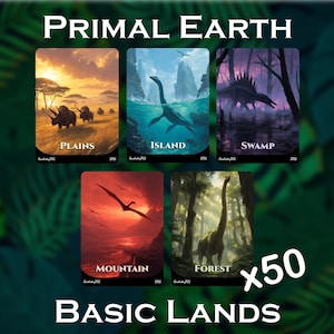 May include: A set of 50 Primal Earth basic land cards featuring five distinct dinosaur-themed illustrations labeled Plains, Island, Swamp, Mountain, and Forest. Each card displays a unique prehistoric landscape with vibrant colors and detailed artwork.