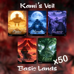 May include: A set of 50 trading cards titled Kami's Veil Basic Lands, featuring five distinct rectangular cards with vibrant illustrations of a golden plains, blue island, purple swamp, red mountain, and green forest landscape.