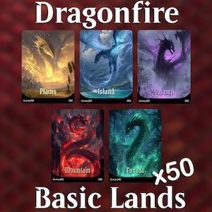 May include: A set of 50 Dragonfire basic land cards featuring five distinct designs: a golden Plains dragon, a blue Island dragon, a purple Swamp dragon, a red Mountain dragon, and a green Forest dragon, each labeled with its respective land type.