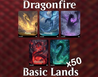 May include: A set of 50 Dragonfire basic land cards featuring five distinct designs: a golden Plains dragon, a blue Island dragon, a purple Swamp dragon, a red Mountain dragon, and a green Forest dragon, each labeled with its respective land type.