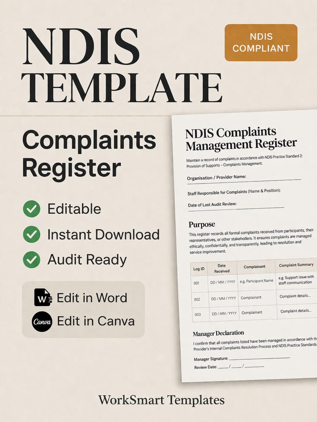NDIS Complaints Register | Complaint Log Template | Canva & Word ...