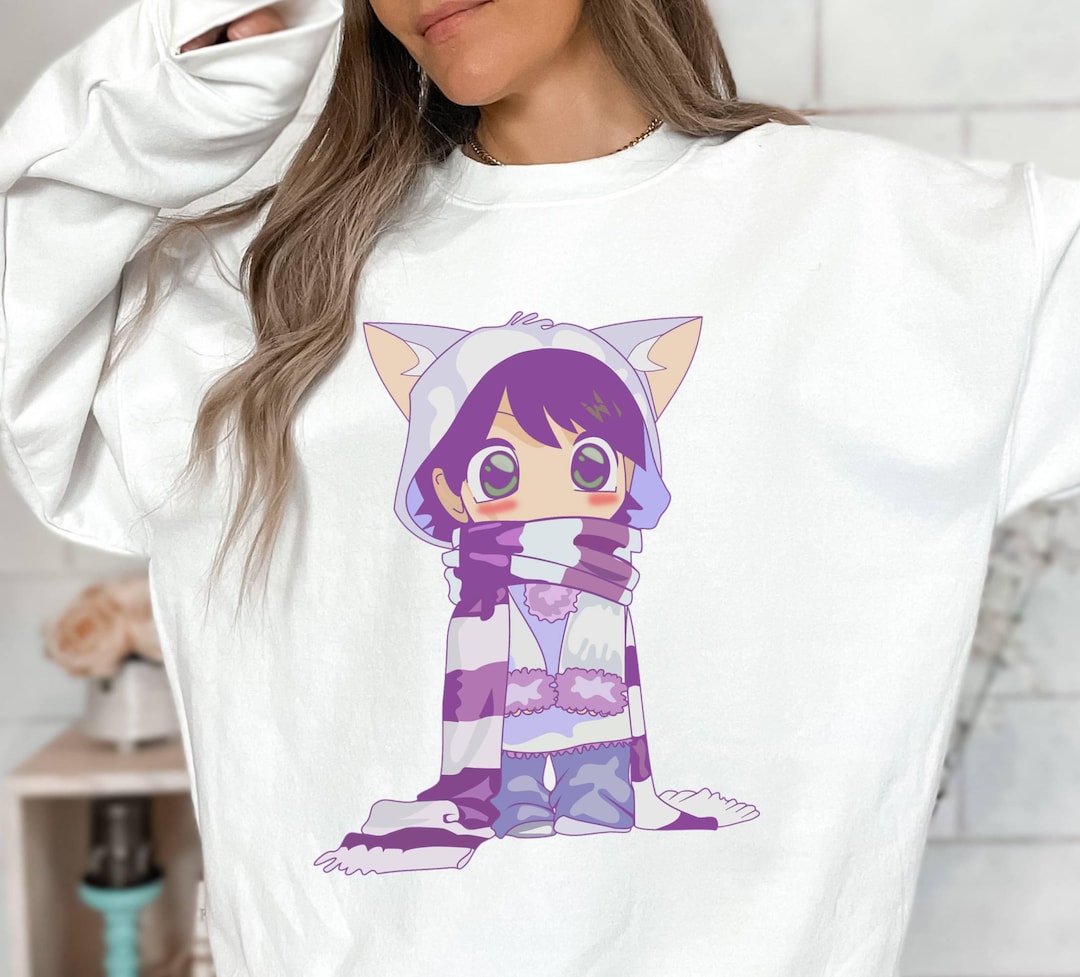 Kawaii Neko Chibi Sweatshirt Cute Anime Girl Crewneck Purple Cat Ears ...