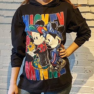Vintage 90s Mickey Minnie Mouse Black Shirt • Graphic Disney LA California • USA Jerry Leigh Hoodie Tee • Cute Lovers Couple