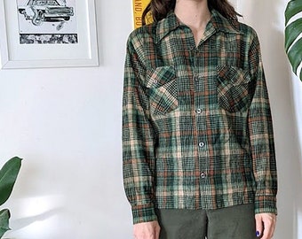 70s Green Plaid Wool Shirt • Topaz Hipster Button Up Jewel Tone • Unisex Mens Small • Light Weight Warm Cozy Winter Fall