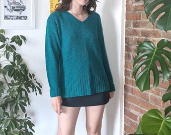 80s 90s Vintage Teal Pullover Sweater • Acrylic Emerald Blue Green Jewel Tone V Neck Slouchy • Women's Size Medium