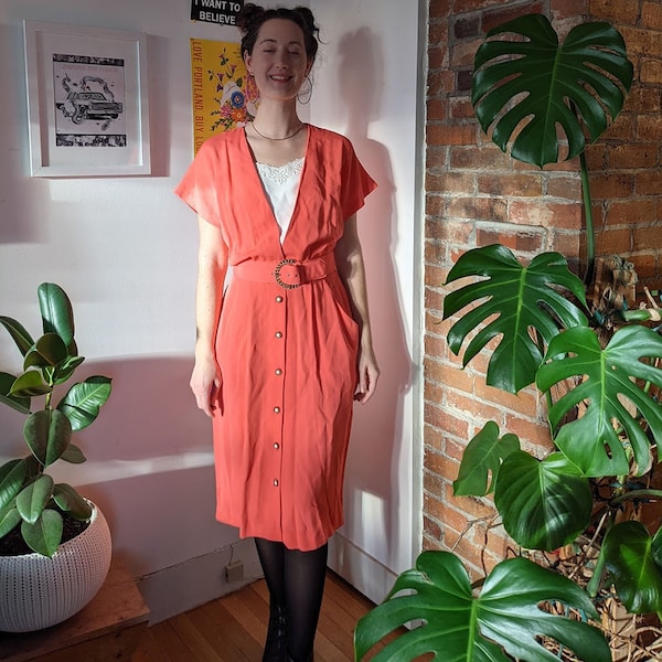 Vintage 80s 90s Rayon Long Dress • Coral Salmon Peach Pink • Size 13/14 Large • Mod Funky Belt Buttons • Super Cute • 1980s Cocktail Dress