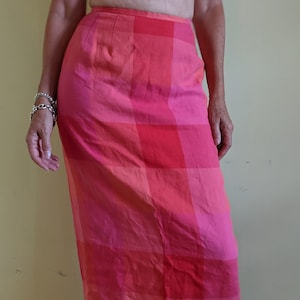 Pretty Talbot&#39;s Pink Orange Plaid Linen Skirt • Long Maxi  Slit • Small