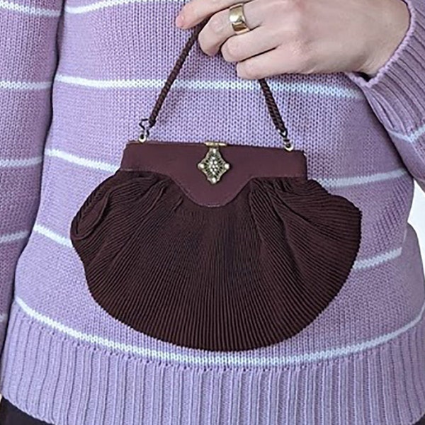 40s Brown Pleated Silk Purse • Antique Handbag Small Wristlet Bag • Rhinestone Brass Closure • Braided Cord Handle