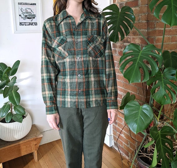 70s Green Plaid Wool Shirt • Topaz Hipster Button… - image 5