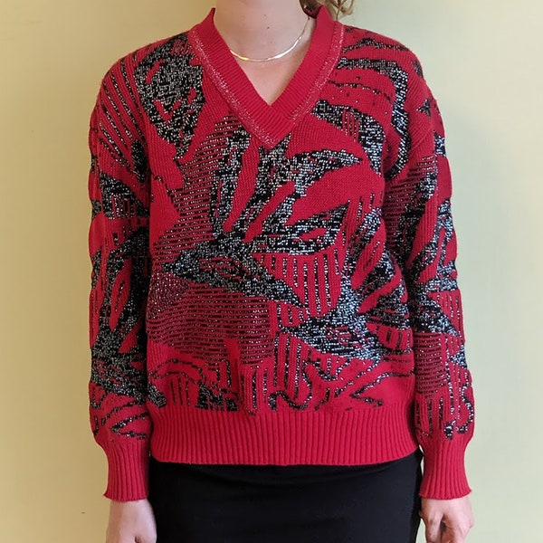 80s Sparkly Red Sweater • Abstract Red & Black Silver V Neck • Metallic Op Art • Glitzy • Acrylic • Funky Boho • Holiday