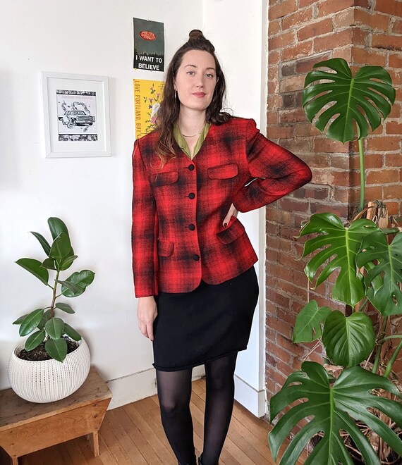 80s Red Buffalo Plaid Jacket • Red Black Button W… - image 3