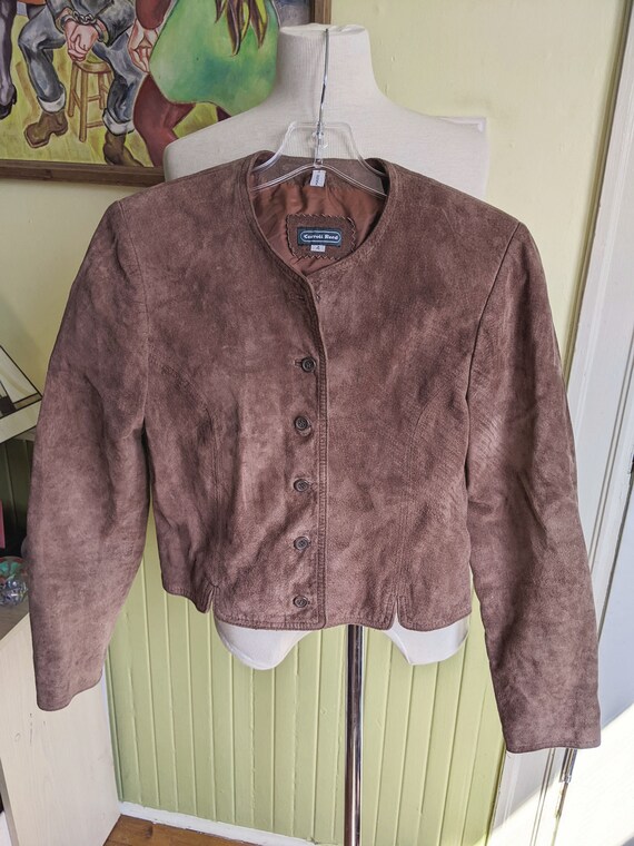 90s Brown Suede Jacket • Buttons Cropped Fitted •… - image 2