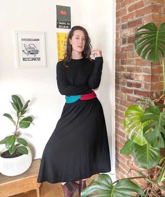 1960s Black Wool Dress • Colorful Wrap Belt • USA… - image 2