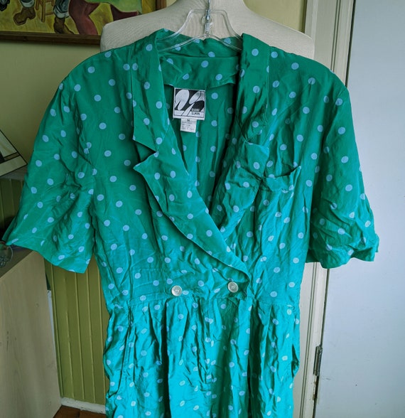 90s Green Silk Jumpsuit • Funky Polka Dots • One … - image 3