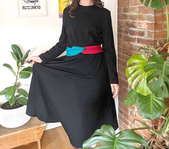 1960s Black Wool Dress • Colorful Wrap Belt • USA… - image 10