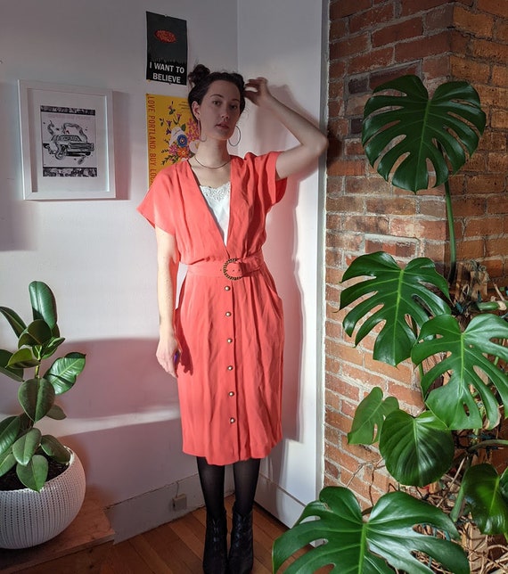 Vintage 80s 90s Rayon Long Dress • Coral Salmon P… - image 4