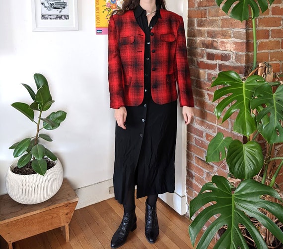 80s Red Buffalo Plaid Jacket • Red Black Button W… - image 1