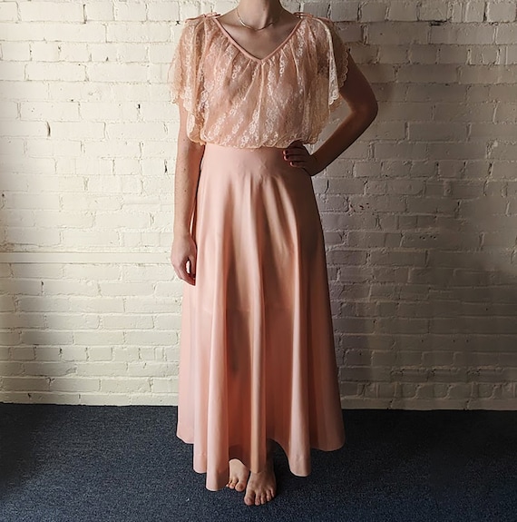 70s Vintage Long Dress * Pale Pastel Peach Lace * Prom Elegant Funky * Wedding * Party Dress