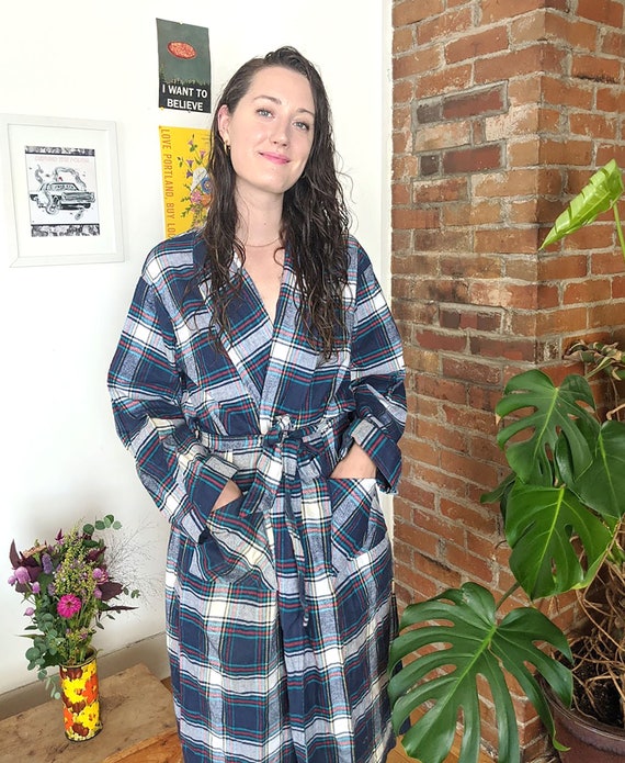 Vintage 70s Plaid Robe • Sears USA Unisex • Blue W