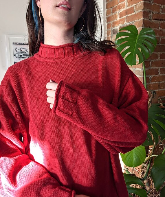 DotAndJude 90s Boxy Red Cotton Sweater * Rolled Mock Neck * Slouchy Large XL 2x * Oversize * Mens Womens Unisex Grunge