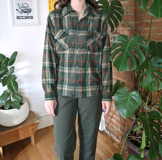 70s Green Plaid Wool Shirt • Topaz Hipster Button… - image 4