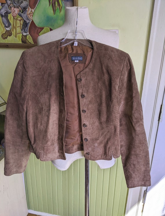 90s Brown Suede Jacket • Buttons Cropped Fitted •… - image 1