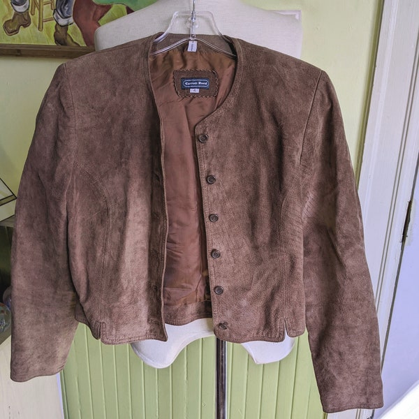 90s Brown Suede Jacket • Buttons Cropped Fitted • Casual Professional Hipster • Women's Size 4 Carroll Reed