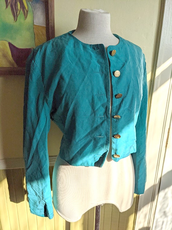 Vintage 70s 80s Teal Silk Blazer • Ann Taylor • B… - image 2