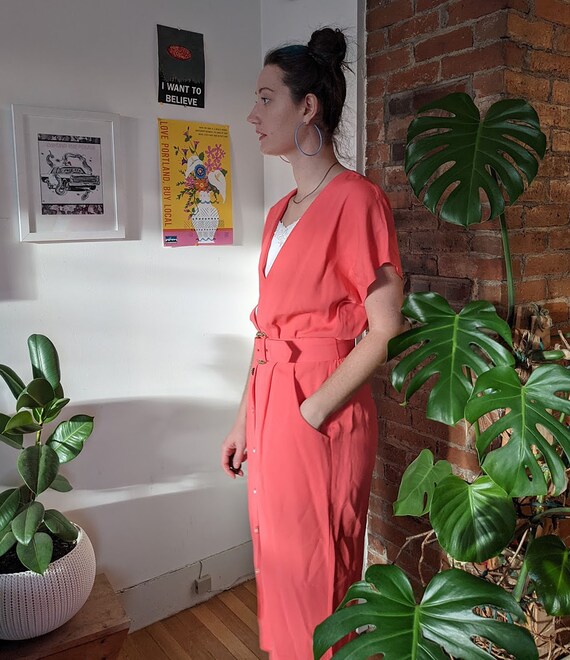 Vintage 80s 90s Rayon Long Dress • Coral Salmon P… - image 2