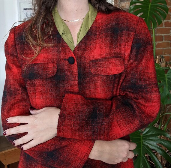 80s Red Buffalo Plaid Jacket • Red Black Button W… - image 7