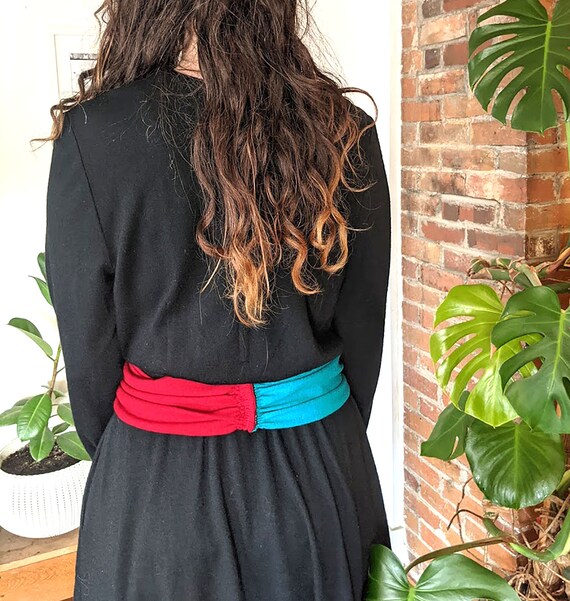 1960s Black Wool Dress • Colorful Wrap Belt • USA… - image 8