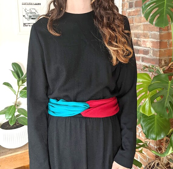 1960s Black Wool Dress • Colorful Wrap Belt • USA… - image 7